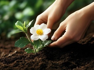 A close-up of a gardener&acirc;&euro;&trade;s hands gently planting a delicate flower in rich soil, with green foliage surrounding the scene -