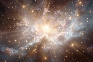 A bright star burst in the sky with clouds and stars