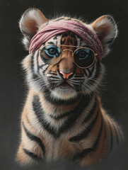 A painting of a tiger wearing sunglasses and a bandana