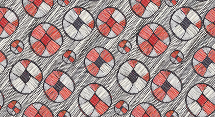 Abstract Repeating Pattern Red And White Abstract Circles On A Textured Grey Background.