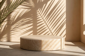 Product display stand mockup with palm leaf shadow for minimalist branding and presentation design