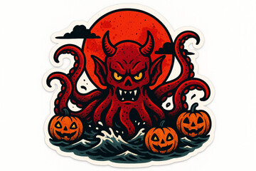 Flat vector illustration of demonic octopus emerging from stormy waters under blood red Halloween moon horror sticker design

