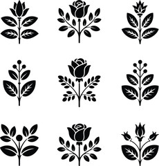Obraz premium Black floral emblems with roses and leaves flower