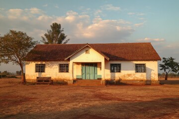 Rural house at sunset, pale yellow, terracotta roof