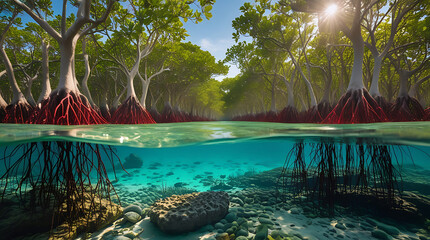 A stunning splitview overunder water