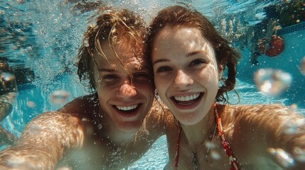 Happy Couple Taking Selfie Underwater in Pool