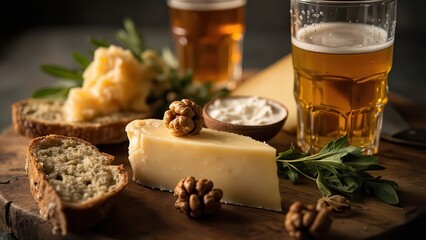 Artisan cheese board with craft beer, walnuts and rustic bread on wooden background