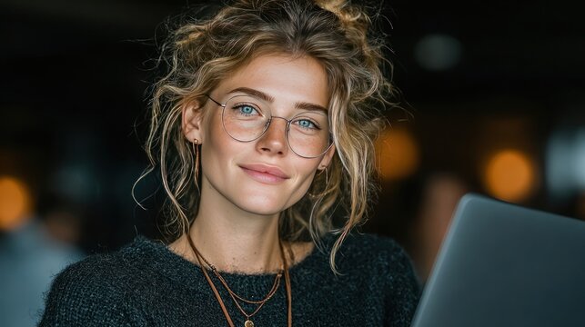 Smiling young businesswoman manager holding laptop using fintech application standing at workplace in office. Mature professional business woman working focused on computer