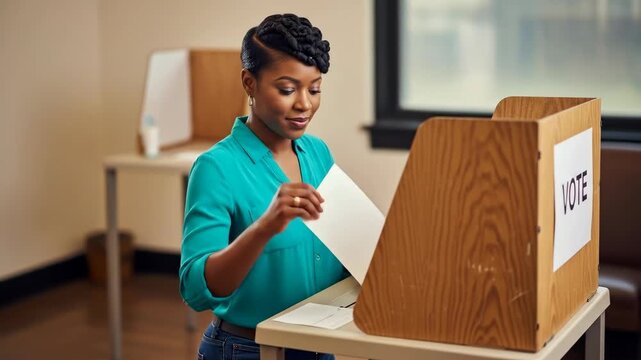 A smiling Black woman in a voting booth placing a ballot into a box a civic and political image of democracy and the importance of voting