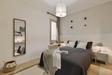 Modern luxury bedroom interior in minimal scandinavian style, 3d render