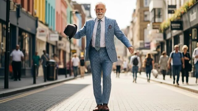An older man in a blue plaid suit with a top hat dancing happily on a colorful city street a stylish and joyful image of an eccentric senior enjoying urban life
