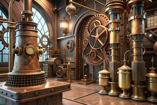 Steampunk machine room interior design with gears and pipes industrial fantasy illustration scene art style