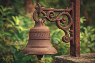 Fototapeta premium vintage style rusty garden bell with ornate bracket, antique