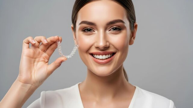 A smiling young woman holding a clear dental aligner a positive and attractive image of modern orthodontics and confident healthy smiles