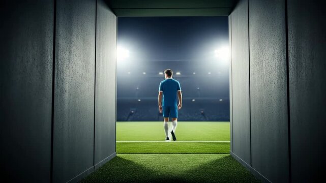 A soccer player from behind walking out of a tunnel onto a brightly lit stadium field a dramatic and motivational image of a professional athlete and success