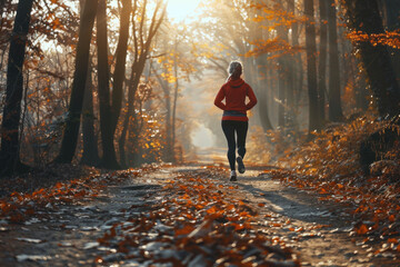 A woman jogging through a serene autumn forest path, with golden sunlight streaming through the trees and fallen leaves covering the ground, creating a peaceful and vibrant atmosphere