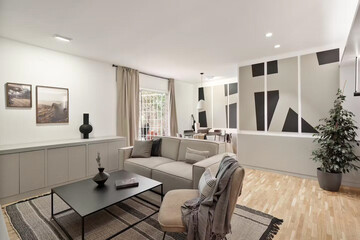 Modern luxury apartment interior in minimal scandinavian style, 3d rendering