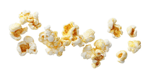 Flying delicious popcorn on transparent background, cut out