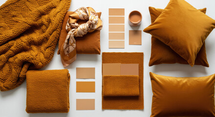 Mustard Yellow Home Decor Textiles and Color Palette Swatches.