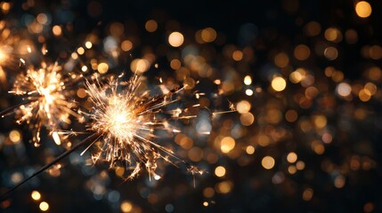 Fototapeta premium New Year celebration with sparklers and golden bokeh on dark blue background