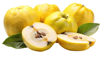 A vibrant still life featuring ripe yellow quinces one halved to reveal its seeded core surrounded by green leaves isolated on transparent background