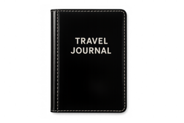 Black leather travel journal with white stitching isolated on transparent background, perfect for travel and adventure concepts
