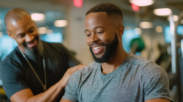 Fitness trainer assisting client with exercise techniques in modern gym environment - Powered by Adobe