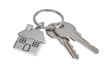 House keys with house shaped keychain on transparent background, cut out
