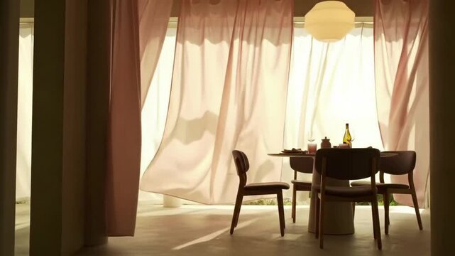 Serene modern dining scene with flowing sheer curtains and warm ambient light creating an elegant atmosphere