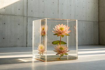 Pink lotus flower arrangement in clear acrylic box modern floral design minimalist aesthetic still life photo