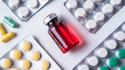 Discover vibrant health solutions with colorful pills and a striking red liquid vial symbolizing medical innovation and treatment options