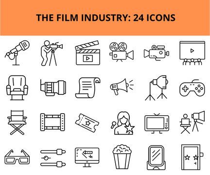 Film industry icon set featuring various filmmaking symbols  