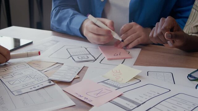 Close up on tabletop cluttered with papers and diverse team of UX designers writing on stickers with felt tip pens discussing wireframe of mobile app interface collaboratively at desk in office