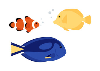 Clownfish, yellow tang and blue tang swimming with bubbles, side view. Colorful tropical fish collection. Simple illustration, stock flat vector, isolated.
