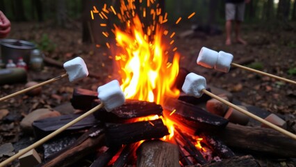 Cozy marshmallows roasting over a glowing campfire in a forest, sparks dancing in a warm, inviting atmosphere ideal for outdoor gear, hospitality brands, camping retreats, and Earth Day marketing.