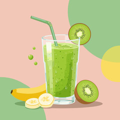 Green smoothie in glass with kiwi and banana on pastel background  