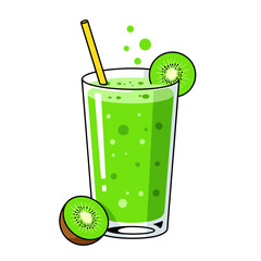 Green kiwi smoothie in glass with straw and sliced kiwis on side  