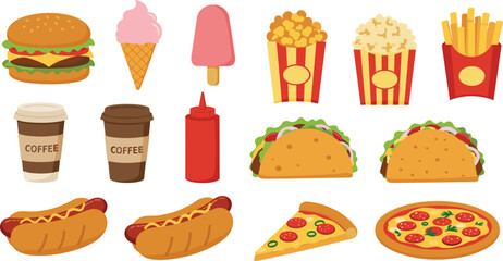 Colorful cartoon fast food set, pizza, burger, taco, popcorn, fries, coffee, hotdog, ice cream, vector flat illustration, snack meal