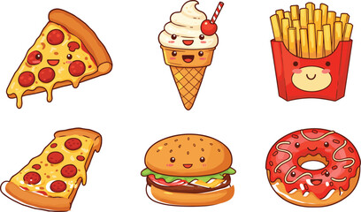 Cute cartoon fast food illustration with pizza, ice cream, burger, fries, donut, smiling faces, colorful kawaii style vector art