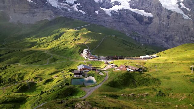 Switzerland travel. 
amazing Swiss nature . Kleine Scheidegg mountain pass and train station that runs between the famous Eiger and the Lauberhorn famous for hiking in Bernese Alps. 