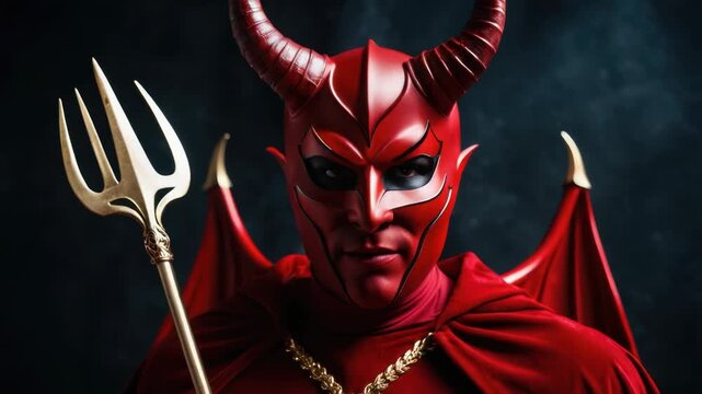 A person dressed as the devil holding a pitchfork, perfect for Halloween or fantasy scenes