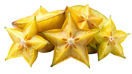 A vibrant cluster of ripe starfruit showcasing their unique five pointed star shape isolated on transparent background