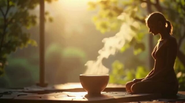Golden tones, meditative pose, and steaming drink create a calming, serene backdrop. Perfect for wellness blogs, health articles, or mindful branding.