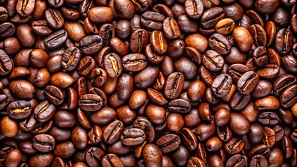 Fototapeta premium A closeup, topdown view of numerous roasted dark brown coffee beans filling the frame