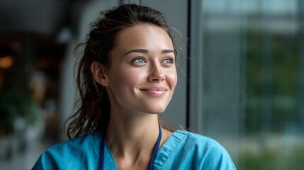 Smiling Nurse Looking Out Large Hospital Window Close Up