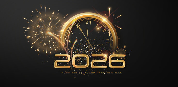 2026 New Year clock background. Fireworks and sparkles in festive night atmosphere. Celebration poster or wallpaper