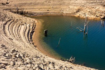 Drought-Stricken Reservoir with Exposed Terraced Banks and Dead Trees
