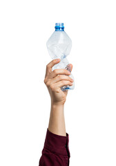 Wrinkled White Plastic Bottle Crushed In Hand For Recycling Concept Isolated On PNG Background.