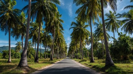 Obraz premium Palm tree-lined road under a vibrant sky
