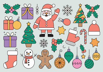 Fototapeta premium Colorful Cartoon Christmas Icon Set – Santa, Snowman, Gifts, and Decorations, Art & Illustration.